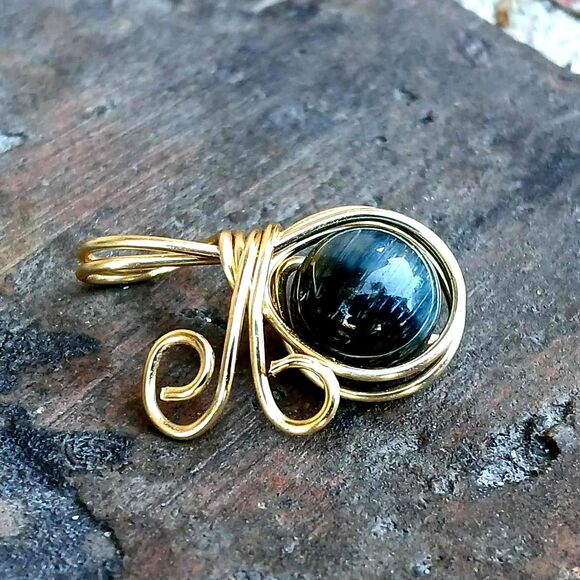 Tigers Eye Crystal Beaded Charm Pendant, Wire Wrapped, Gold, 8mm - Picture 2 of 3